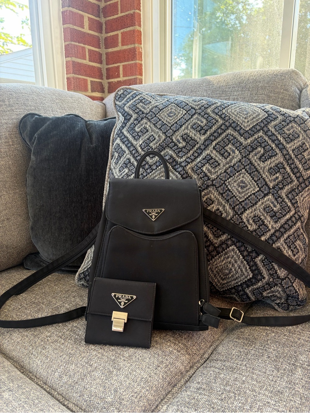 Vintage Prada Black Backpack with Matching Card Wallet